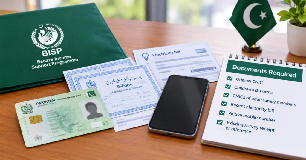 Documents required for BISP 8171 registration, including CNIC and children's B-Forms