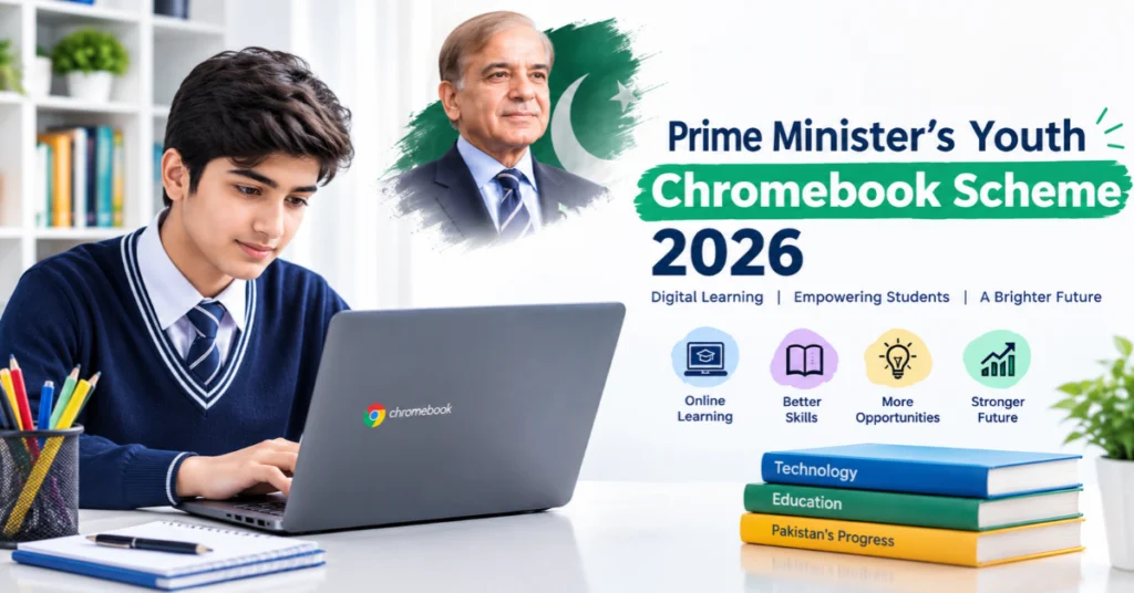 Prime Minister Shehbaz Sharif with students using laptops for the Prime Minister’s Youth Chromebook Scheme 2026