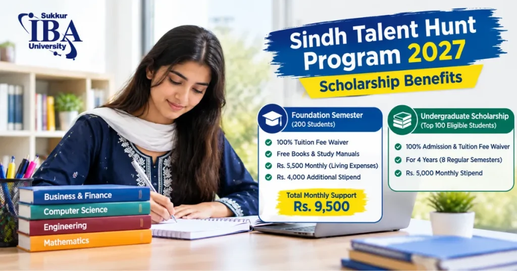 Sindh Talent Hunt Program 2027 scholarship benefits, including Rs. 9,500 monthly foundation support